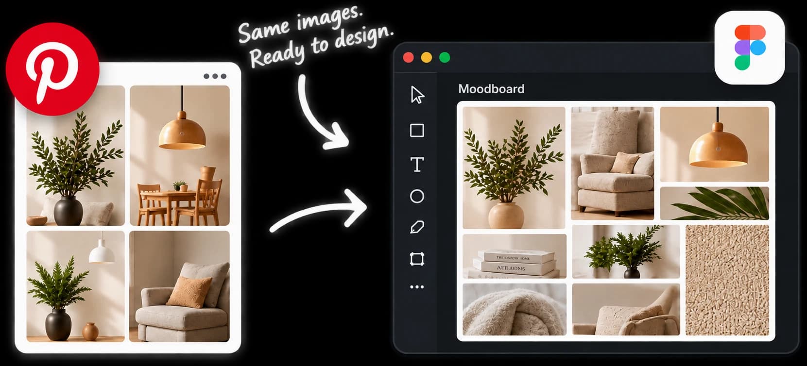 A Pinterest board copied straight onto a Figma canvas — the same images, ready to arrange