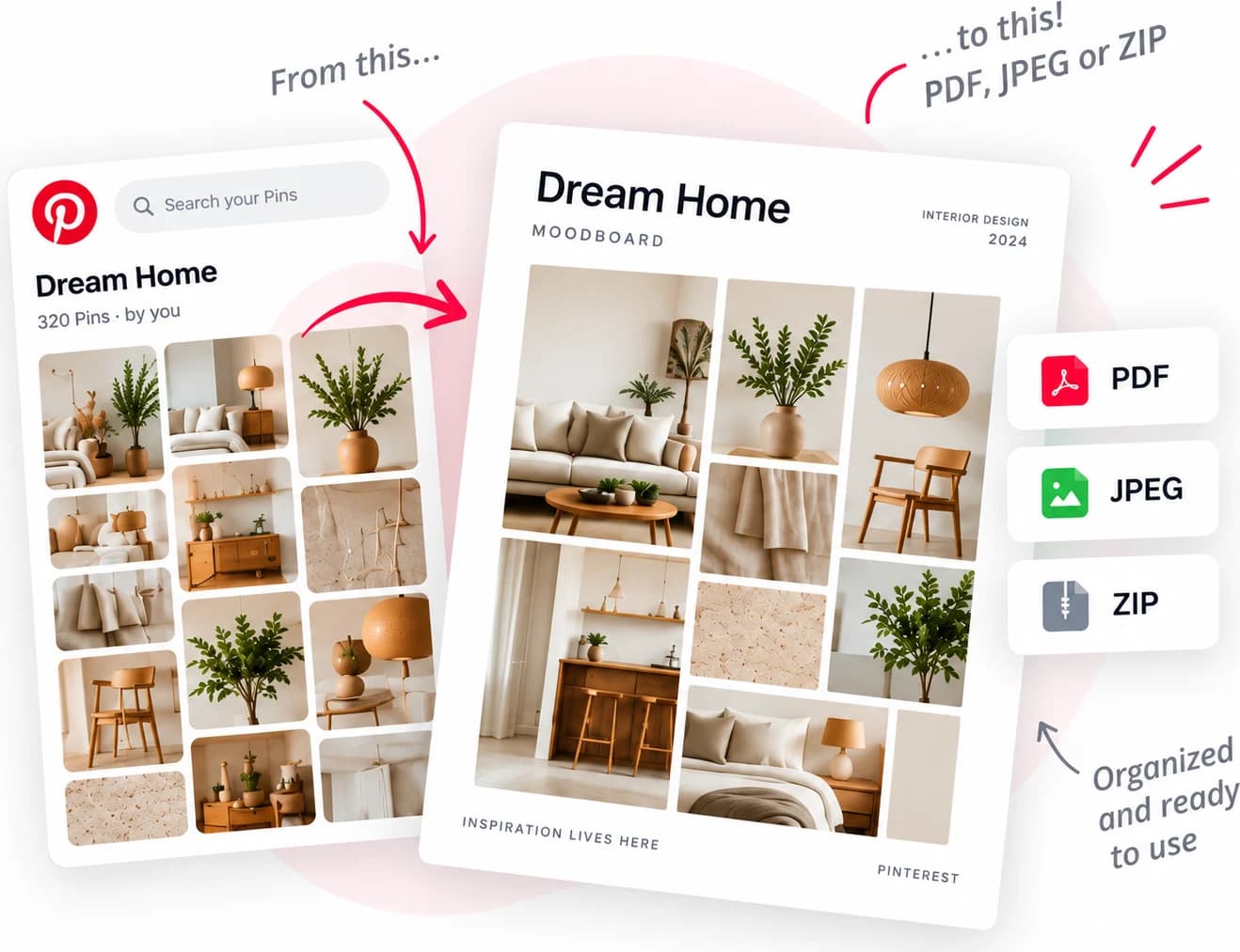 A Pinterest board of 320 pins turned into an organized moodboard, exportable as PDF, JPEG or ZIP