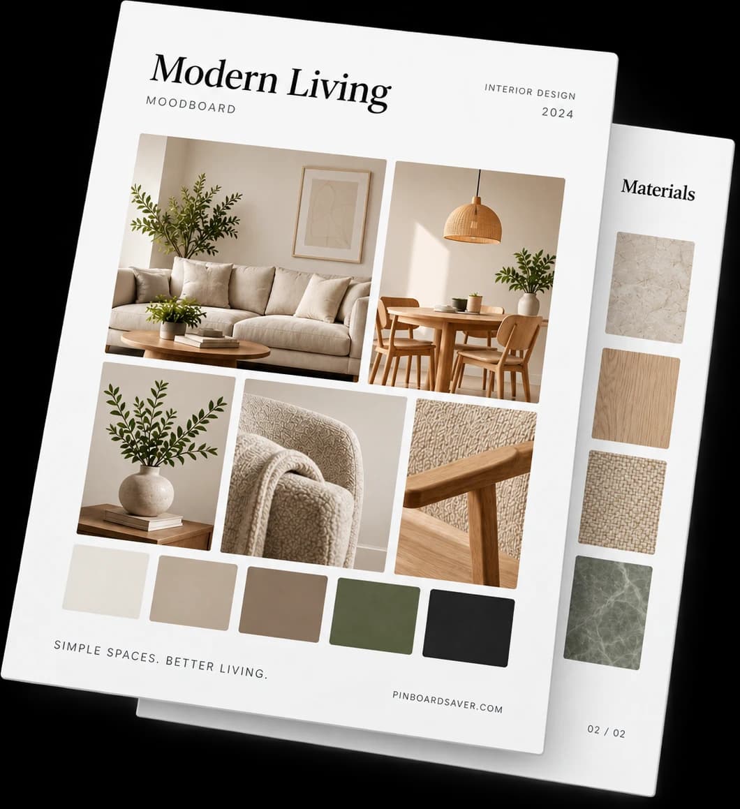 A Pinterest board exported as a multi-page PDF moodboard with a materials sheet