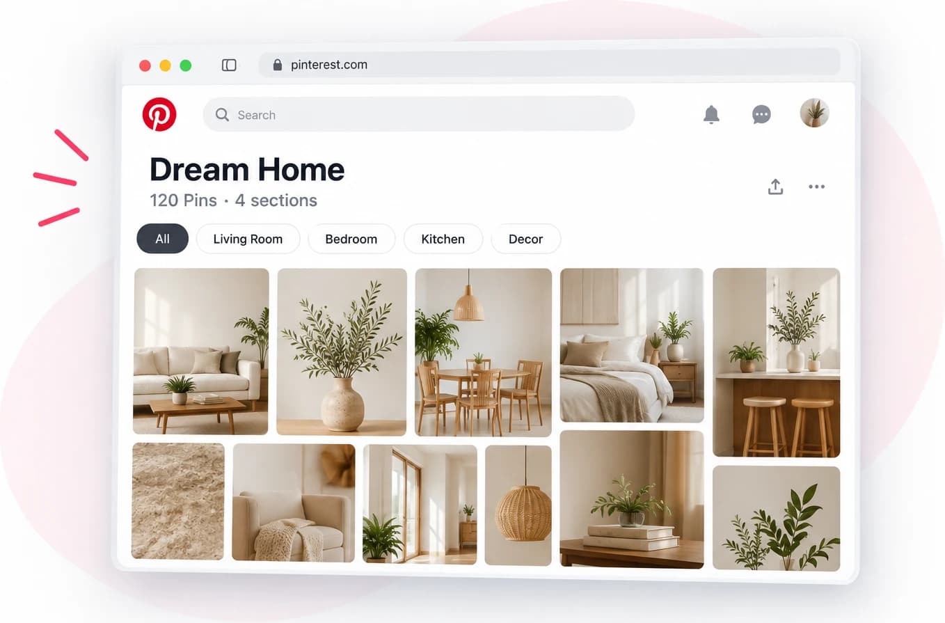 A Pinterest board named Dream Home open in the browser, 120 pins across 4 sections