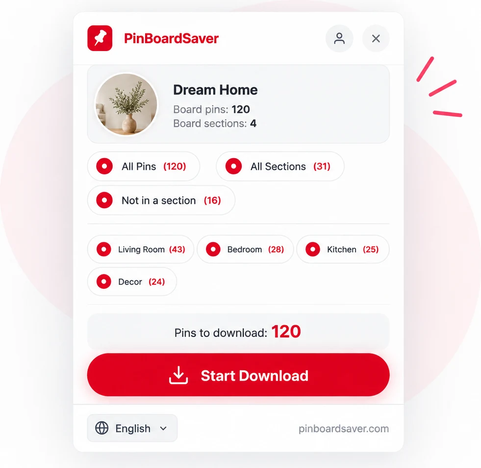 The PinBoardSaver panel listing the board’s sections with 120 pins queued to download