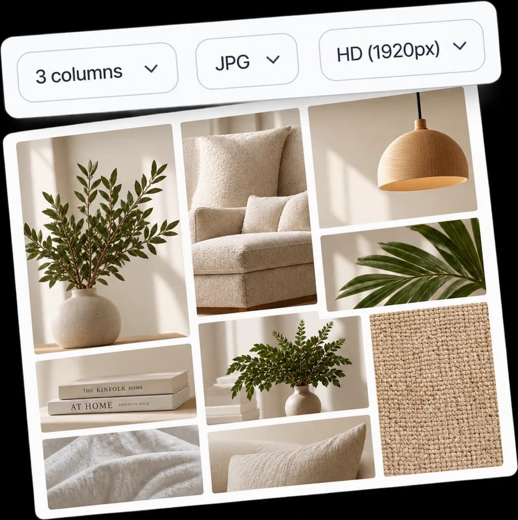A whole Pinterest board exported as one collage image, with column, format and size pickers