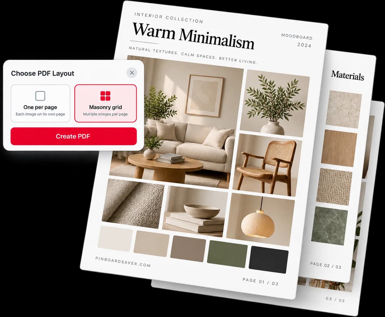 A Pinterest board exported as a multi-page PDF moodboard, with the layout chooser open